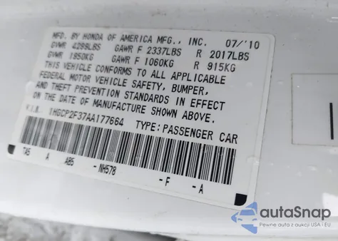 2010 Honda Accord Lx из США, поврежденный, VIN 1HGCP2F37AA177664